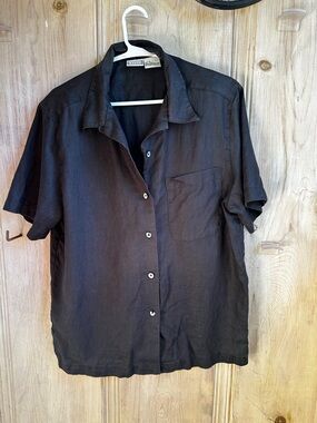 Edward 100% Linen Button Down Top | Brown Short Sleeve Blouse | Size M